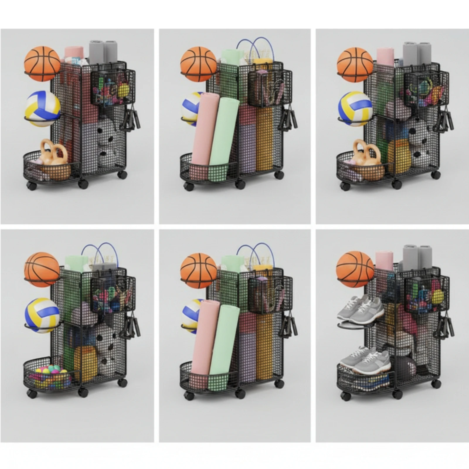 Iron Grid Sports Storage Rack with Caster Wheels Versatile Wheeled Sports Equipment Storage Rack Large Capacity Space-Saving