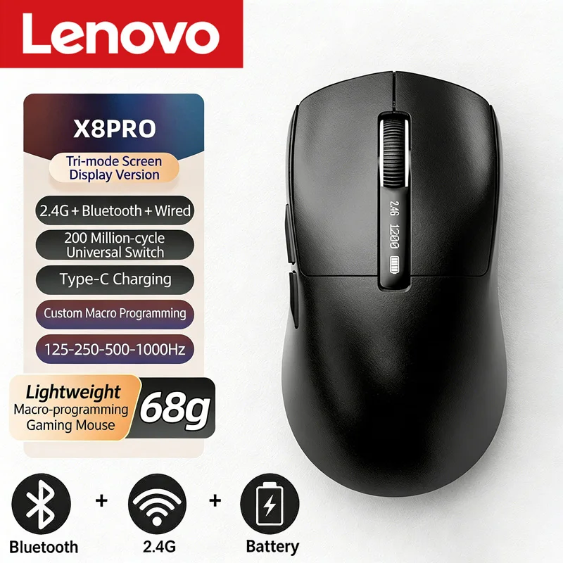 

Lenovo 2.4GHz Wireless Bluetooth Mouse 3-in-1 Rechargeable with Macro Function Battery Level Display for Gaming Office Use