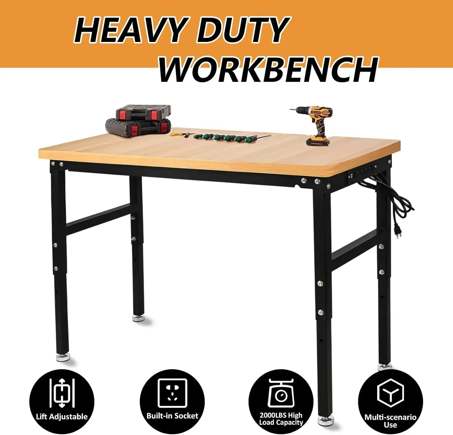 Workbench with Power Outlet, Work Table for Garage,2000 Lbs Capacity Hardwood Workbench,Heavy Duty Table for Workshop Office Hom