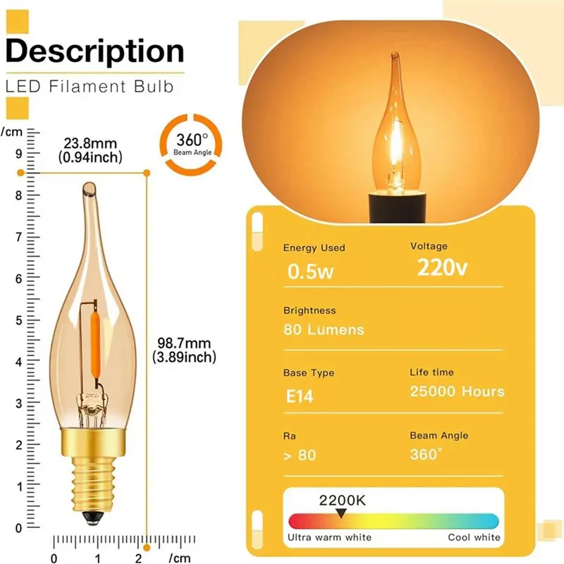 A25F-Candle Light 10 Pcs Dimmable C22 LED Filament Bulb E12 0.5W Amber Decorative Night Light Ampoule Candelabra E14 220V