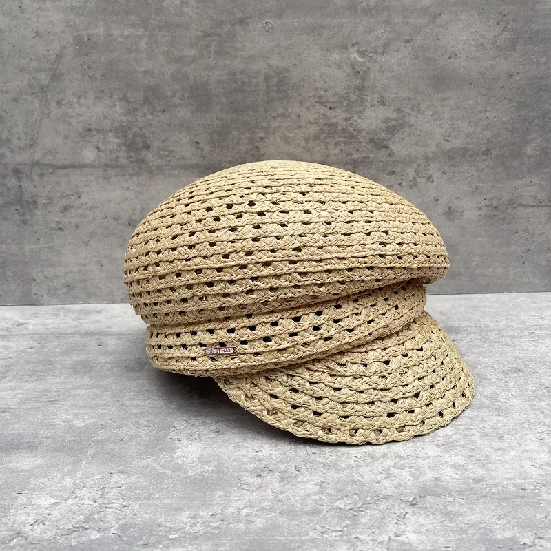Women's Summer Raffia Woven Hollow Out Newsboy Cap Breathable Sun Protection Slim Face Versatile Straw Hat
