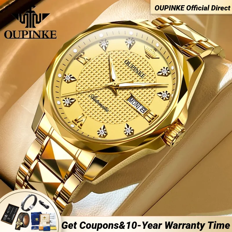 

OUPINKE 3243 Golden Luxury Men's Watch Business Tungsten Steel Band Brand Diamond Double Calendar Men Automatic Mechanical Watch