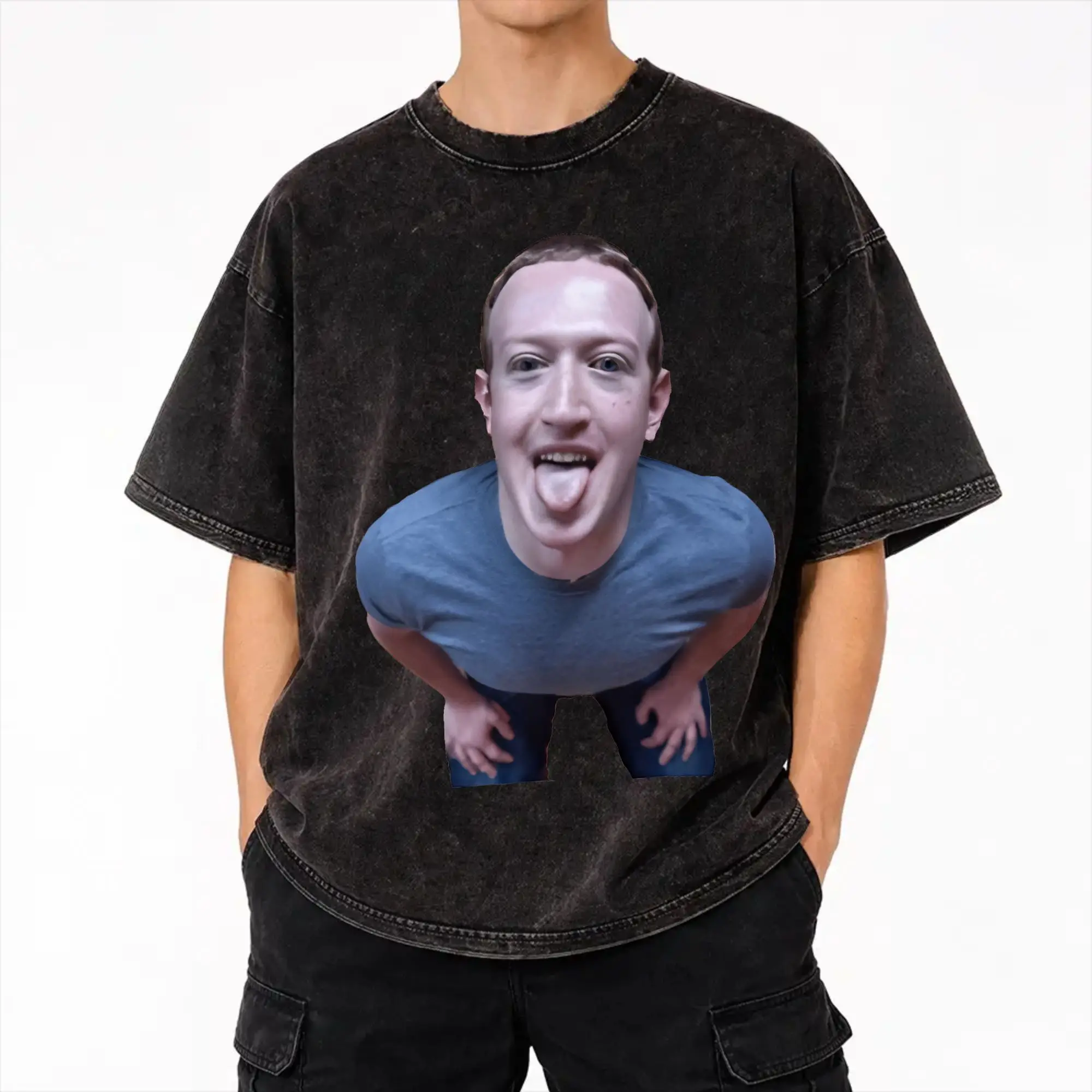 Mark Zuckerberg On His Knees Outfit Washed T Shirt Men Women Streetwear Hip Hop T-Shirt Printed  Tees Short Sleeve