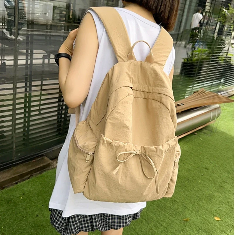 New Student Backpack Women\'s Japanese Style Lightweight and Fashionable Backpack Solid Color Simple Bow Casual Travel Backpack