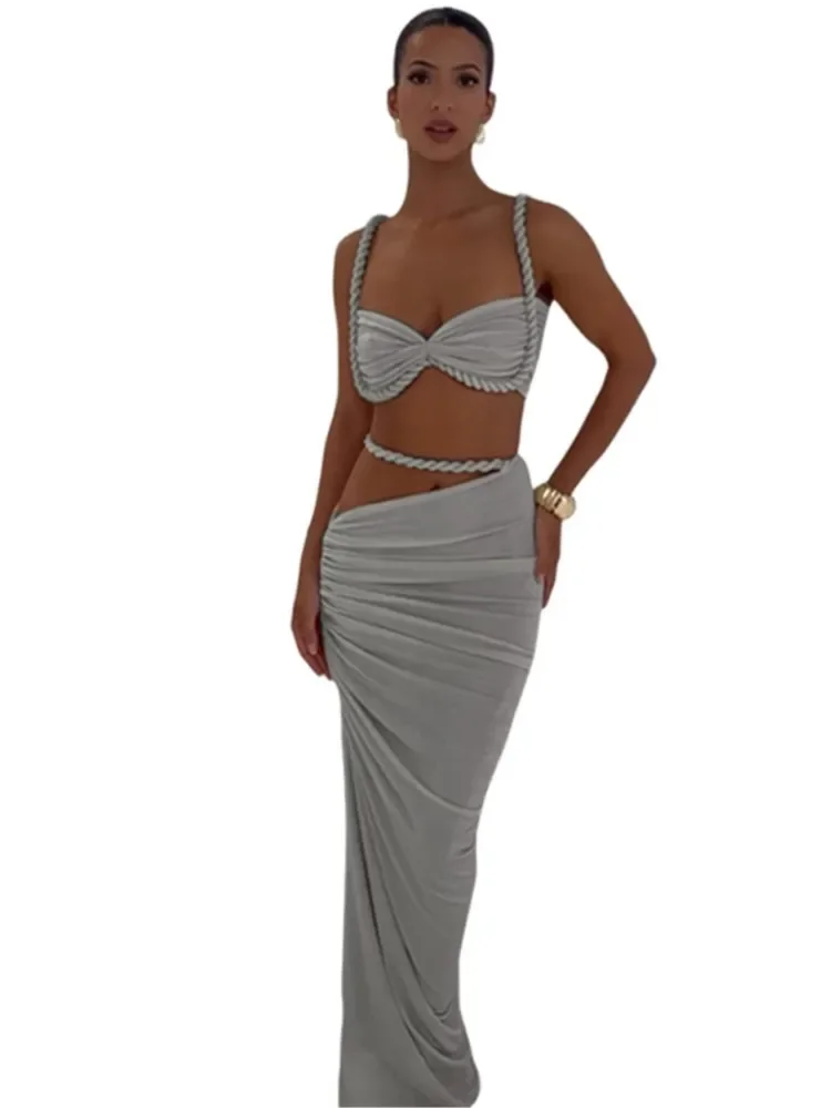 Traje de baño falda cubierta-up conjunto de 2 piezas mujeres Crop Tops y falda larga traje de baño moda sólido hueco Sexy playa cubrir trajes