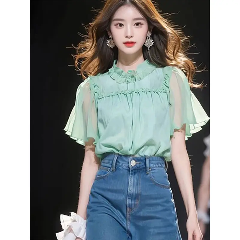 French Top 2025 Summer New Style Mint Green Ruffled Chiffon Short-sleeved Shirt