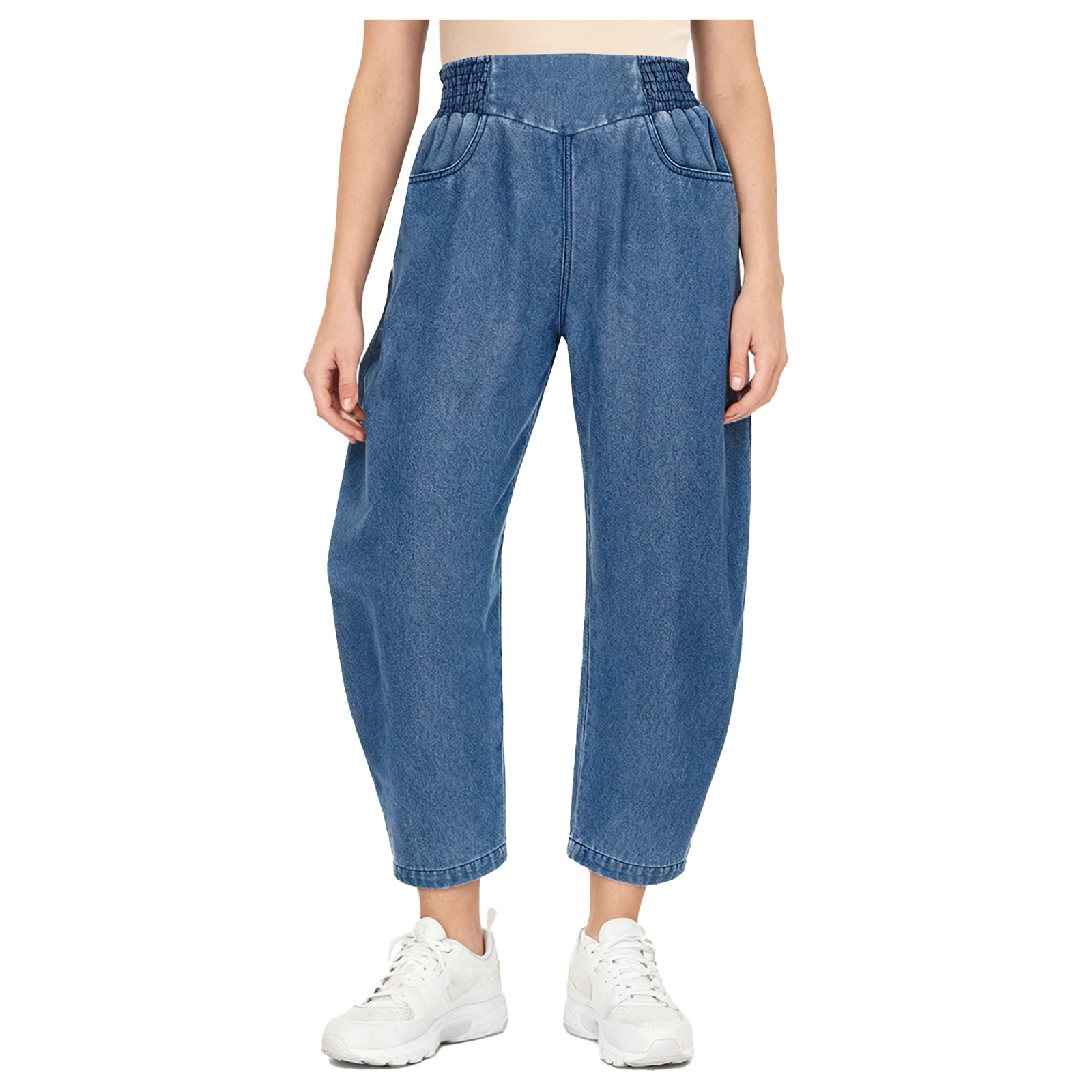 

#S-XXL Womens Stylish Baggy Jeans Elastic Waistband Pockets Wide Leg Pants Barrel Denim Long Pants for Daily Casual