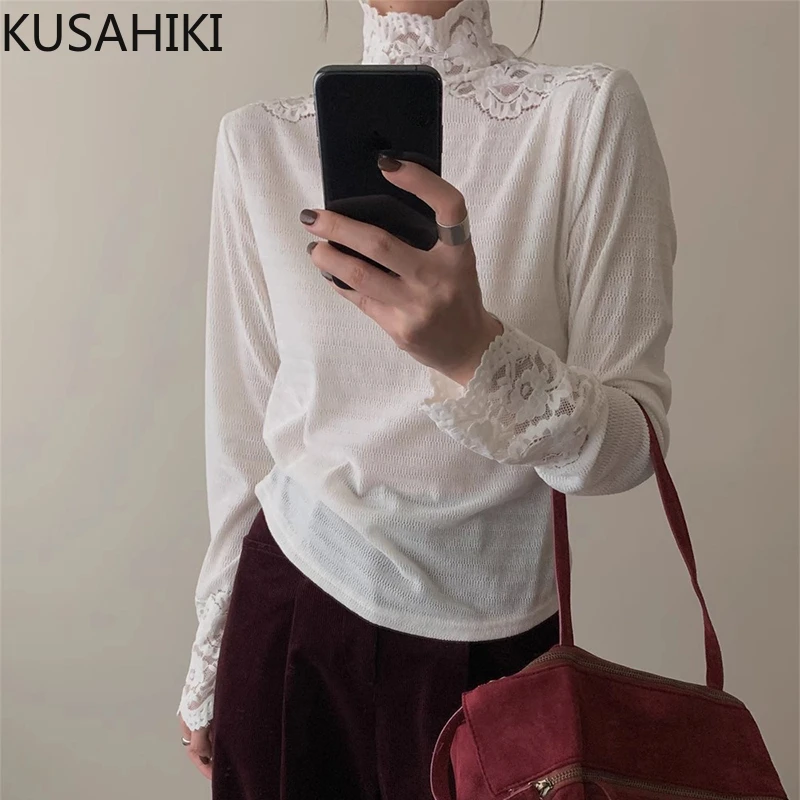 KUSAHIKI Korean New Versatile Half High Collar Lace Patchwork Long Sleeved Base Shirt Top