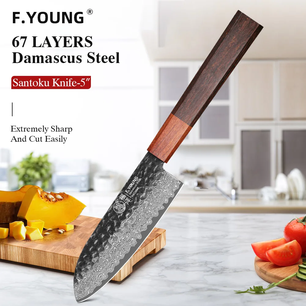 

F.YOUNG 5" Japanese Santoku Knife 67 Layers Damascus Steel Sharp Meat Vegetable Cleaver Hand Forged Utility Kitchen Chef Knives