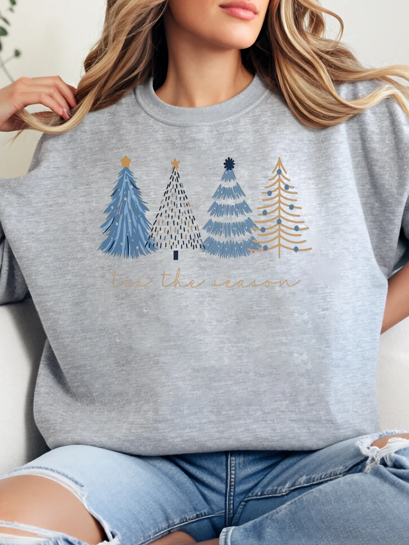 شجرة عيد الميلاد إنه الموسم طباعة البلوز عطلة ملابس نسائية عادية رمادي حجم كبير #1