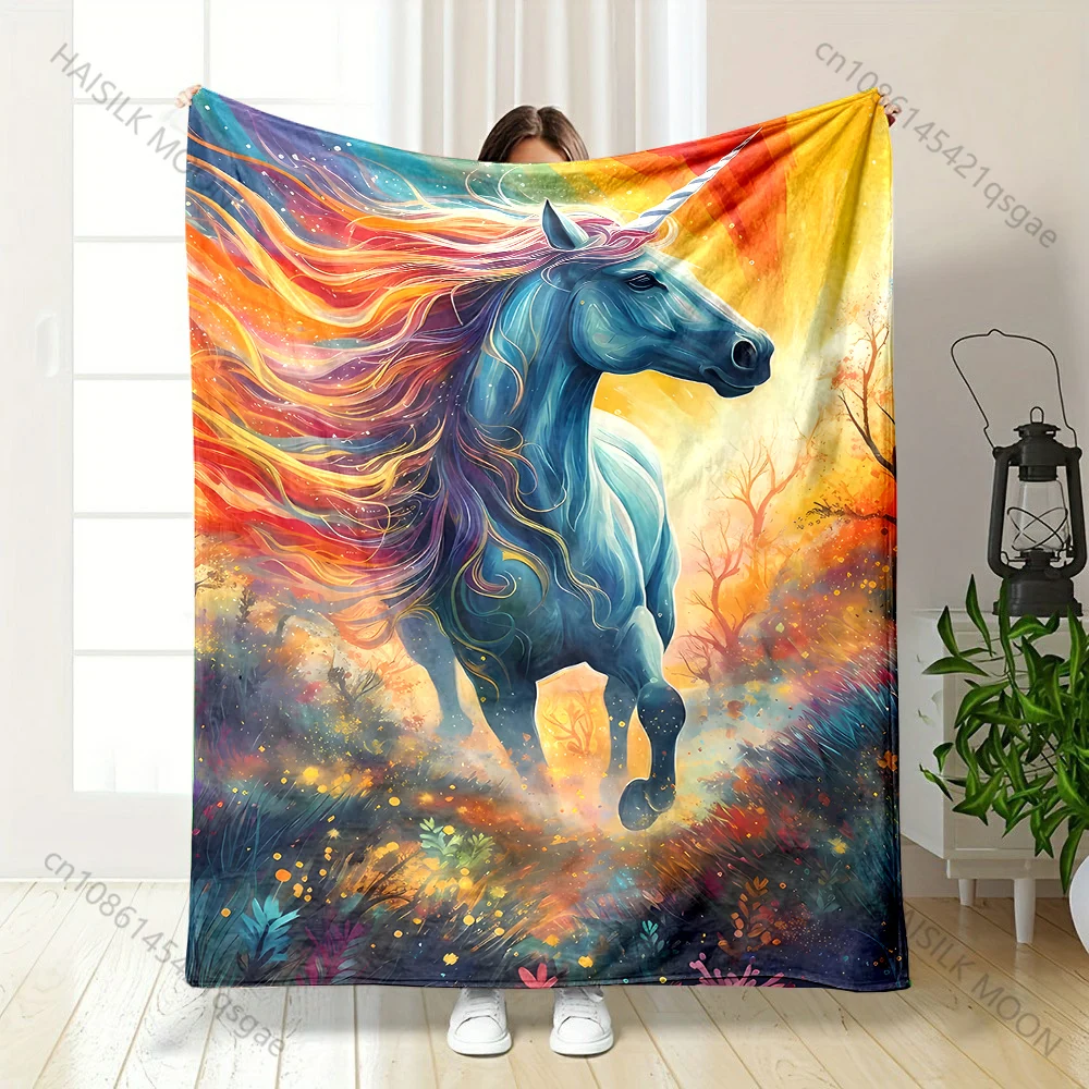 1PC Fantasy unicorn rainbow forest printed blanket all seasons multi-purpose blanket suitable for sofa, camping, travel, car