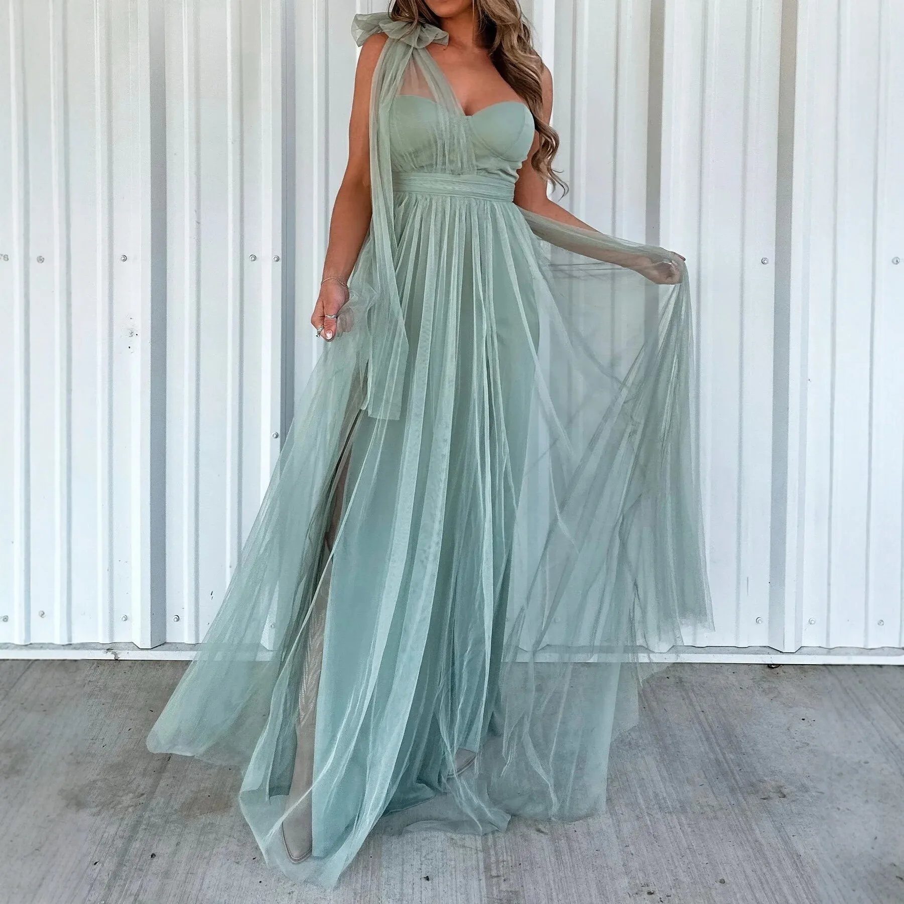 Slit Patchwork Gown High Waist Sweet and Fresh Maxi Length Strapless Long Dress with Ribbon Tie Sheer Pullover for Women Spring