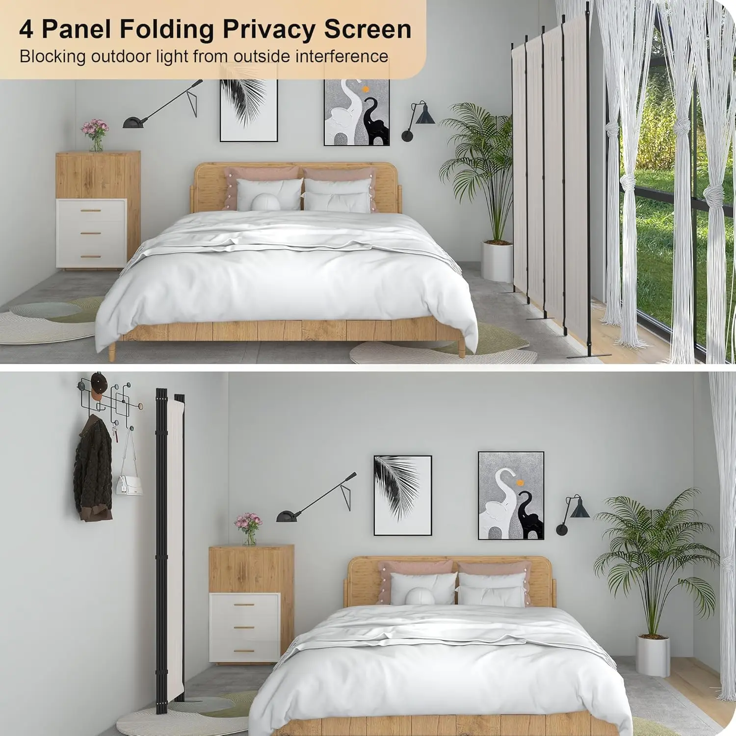 Room Divider 4 Panel Partition Folding Privacy Screen with 3 Metal Feet, 88