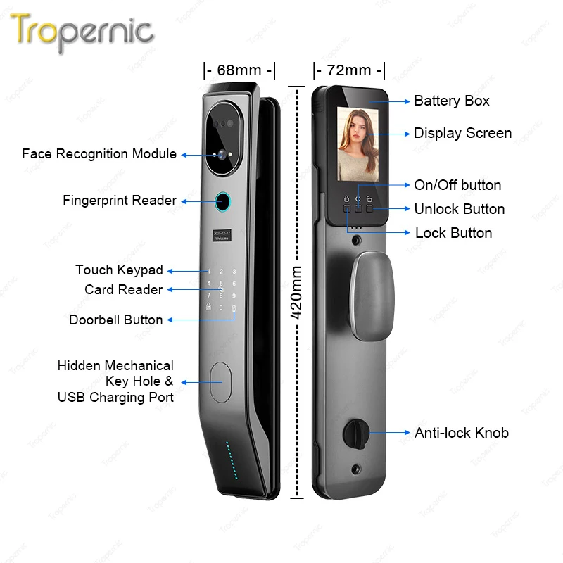 Imagem -06 - Digital 3d Face Recognition Electronic Smart Door Lock Impressão Digital Biométrica Cartão de Senha Câmera Wi-fi Tuya App Controle Remoto