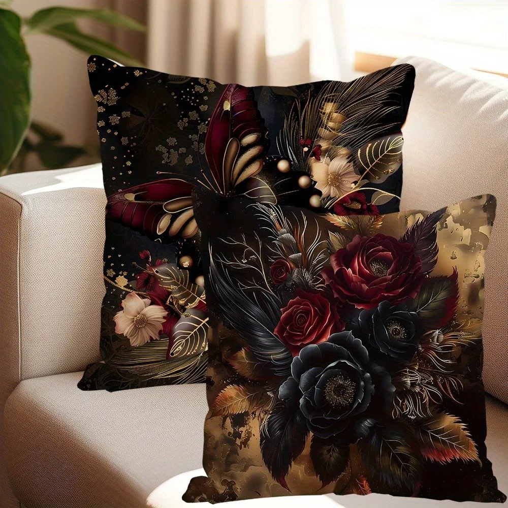 Dark gold flower decorative pillowcase, ultra-soft polyester material living room sofa backrest car pillowcase home decoration