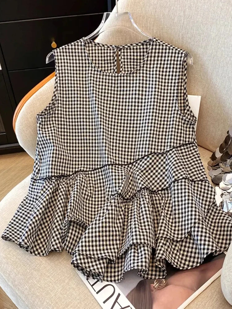 

Jmprs Ruffles Vintage Plaid Tanks Women Cute O Neck Sleeveless Tanks Tops Casual Loose Summer Female Sweet Korean Retro Tanks