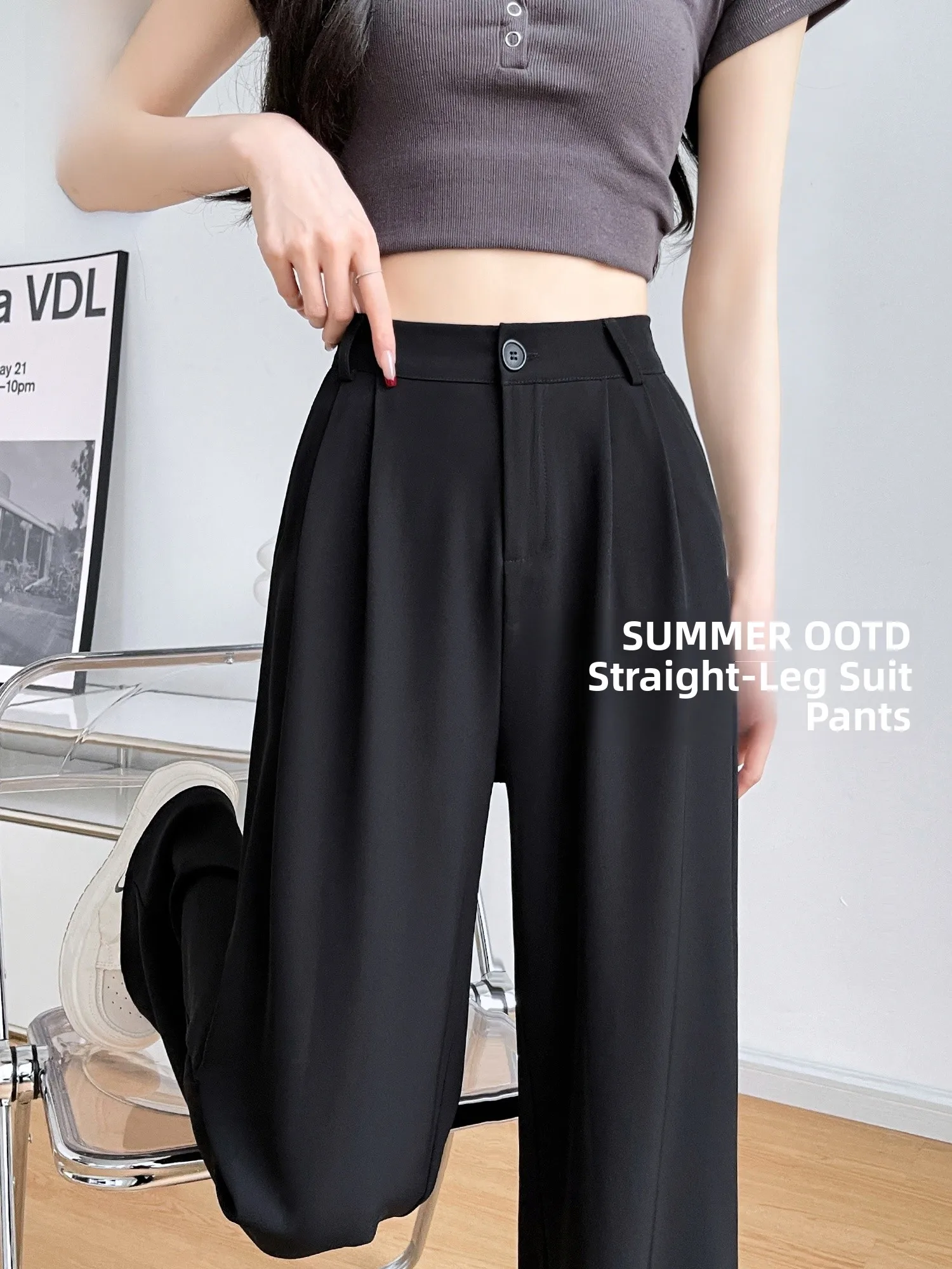 

Черные прямые шелковые брюки-чинос с высокой талией для женщин, летняя тонкая версия, новинка 2026 года, маленький размер