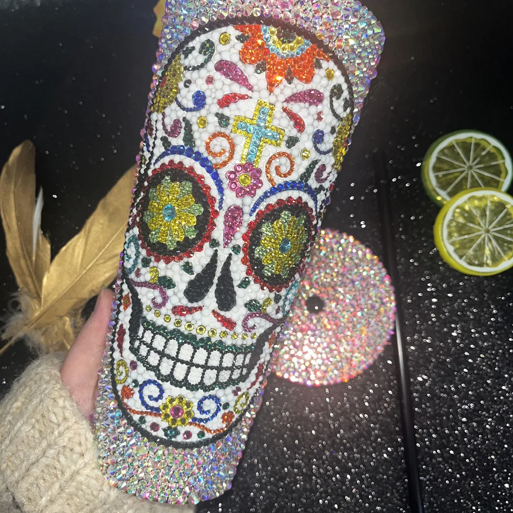 All Covered AB 24oz Bling Black Ghost Head DIY Handmade Rhinestone Cup,Candy Skull Flower Mug/Tumbler for Girls' Car Drinking