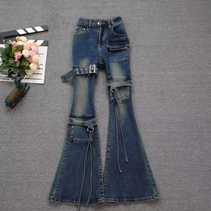 Women Vintage Heavy Industry Design High Waist Flare Jeans Y2K Slim New Autumn Multi Pockets Streetwear Cargo XJ624