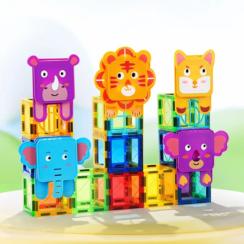 100 SZTUK Kolorowe Magnetyczne Klocki Budowlane z Motywem Zwierząt Leśnych do Okna, Zestaw DIY dla Dzieci, Gra Konstrukcyjna dla Maluchów, Prezent