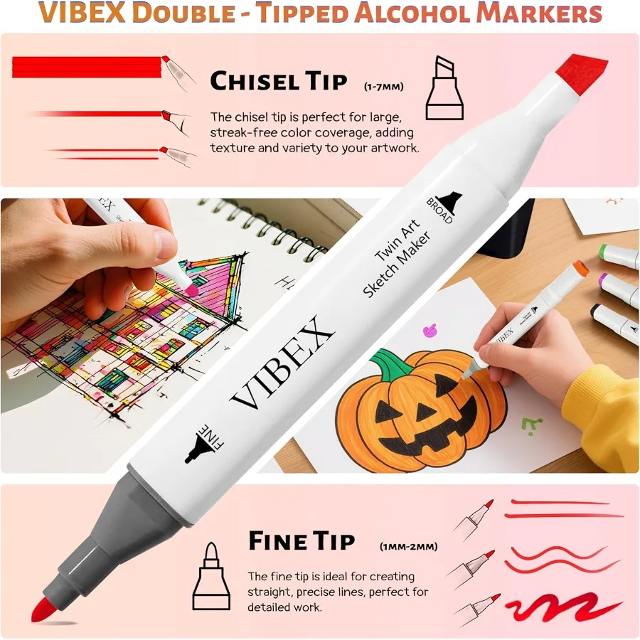 علامات كحول VIBEX 80 لونًا - علامات فنية دائمة ذات طرف مزدوج مع قاعدة منظمة لرسم تلوين الرسوم المتحركة النابضة بالحياة مثالية f