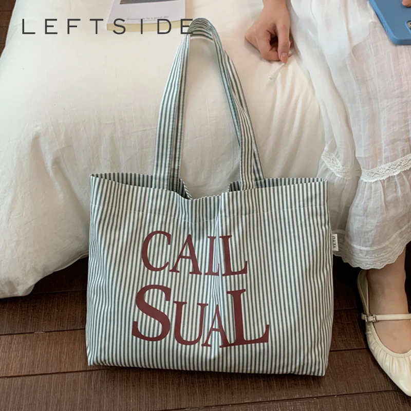 

LEFTSIDE Women Big Stripe Canvas Letter Print Tote Bag Casual Aesthetic Daily Shopping Shoulder Bag 2026 New Simple Handbags