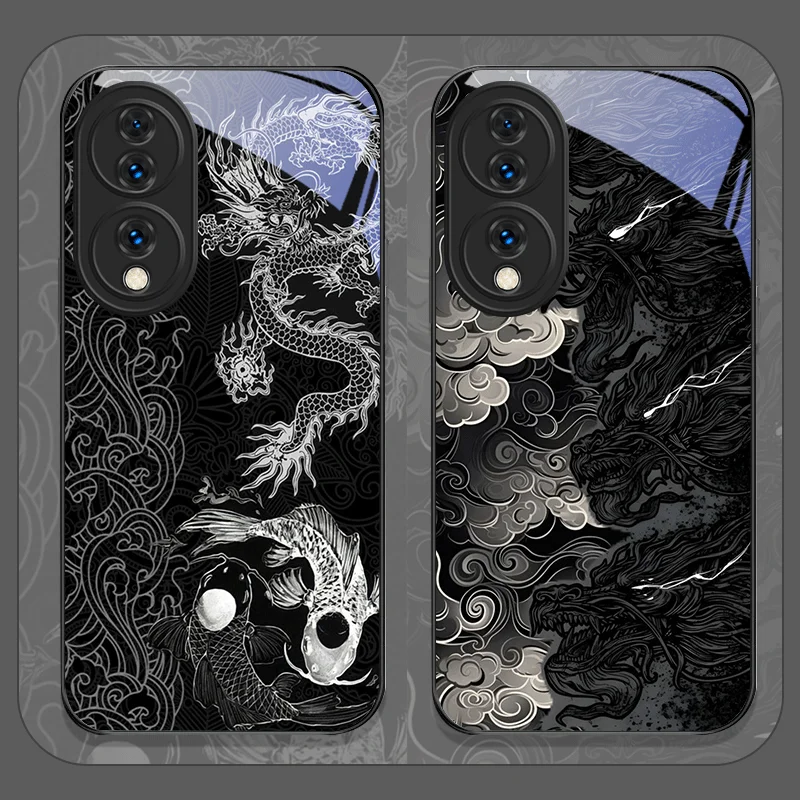 Capa de Celular de Vidro Temperado com Estampa de Dragão Preto Estético para Huawei Honor 400 200 Lite 100 Pro 90 GT Magic 7 6 X8 X9