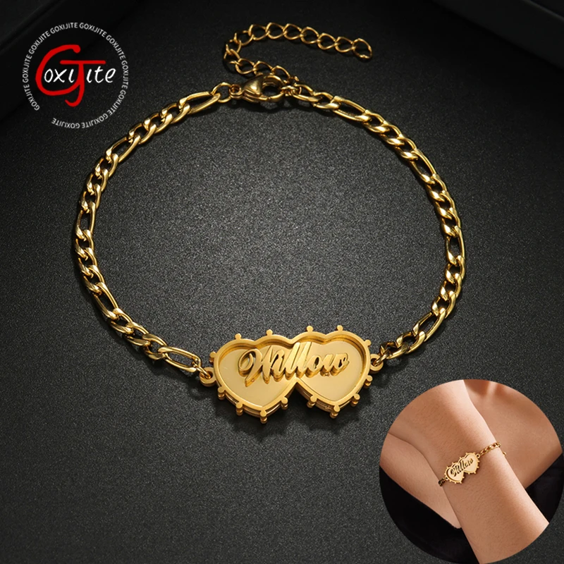 

Goxijite 2 Layer Welded Love Nameplate Customized Name Bracelet Stainless Steel Personalized Letter Figaro Chain Bracelets Gift