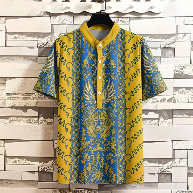 

Мужская рубашка с цветочным и лиственным узором, ретро-футболка с 3D-принтом, летняя уличная футболка с коротким рукавом, поло с воротником-стойкой