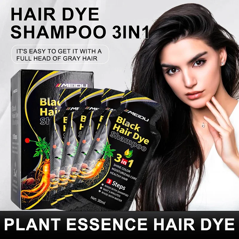 

30ml 10pcs Black Hair Shampoo 3 in 1 Half Permanent Hair Dye Natural Plant Essence 100% Cover White Hair Individual Package