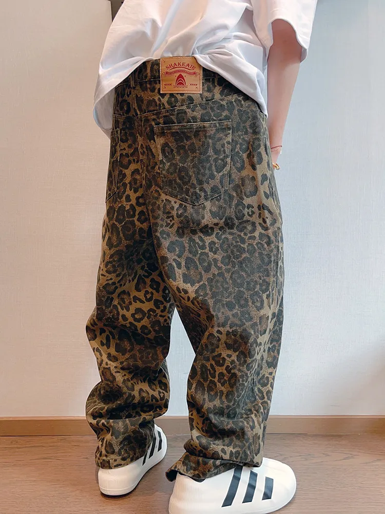 Fashion Baggy Tan Leopard Jeans Men's Oversize Wide Leg Denim Pants Streetwear Hip Hop Vintage Loose Casual Animal Print Trouser