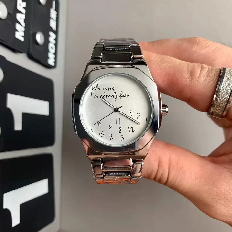 

Men's Fashion Alloy Watch Irregular Number Dial "Who Cares I'm Already Late" Creative Quartz Wristwatch for Men Casual Business