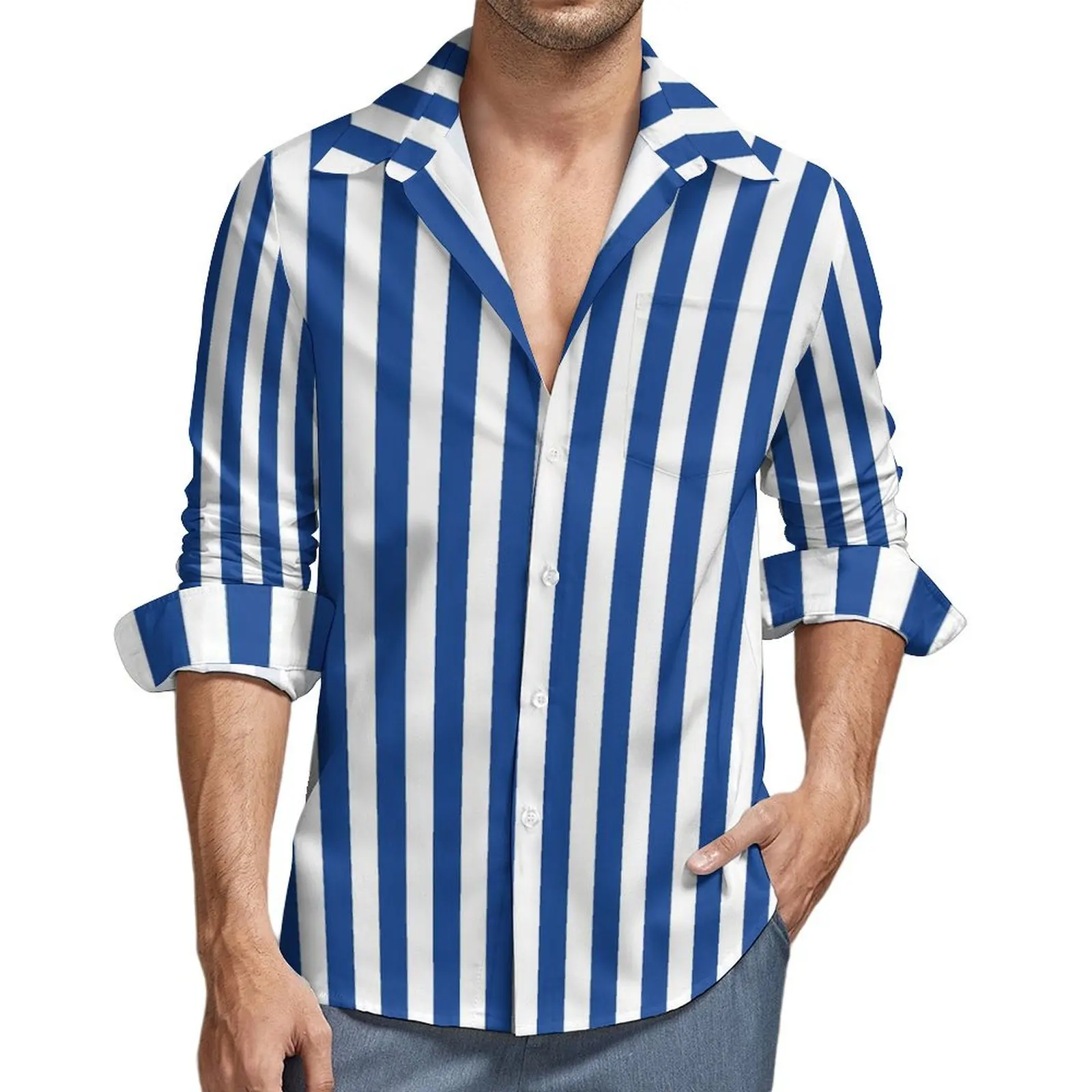 

Men's Shirt Blue Stripes Leggings Casual Shirts Long Sleeve Y2K Street Blouses Autumn Novelty Pattern Oversize Clothing