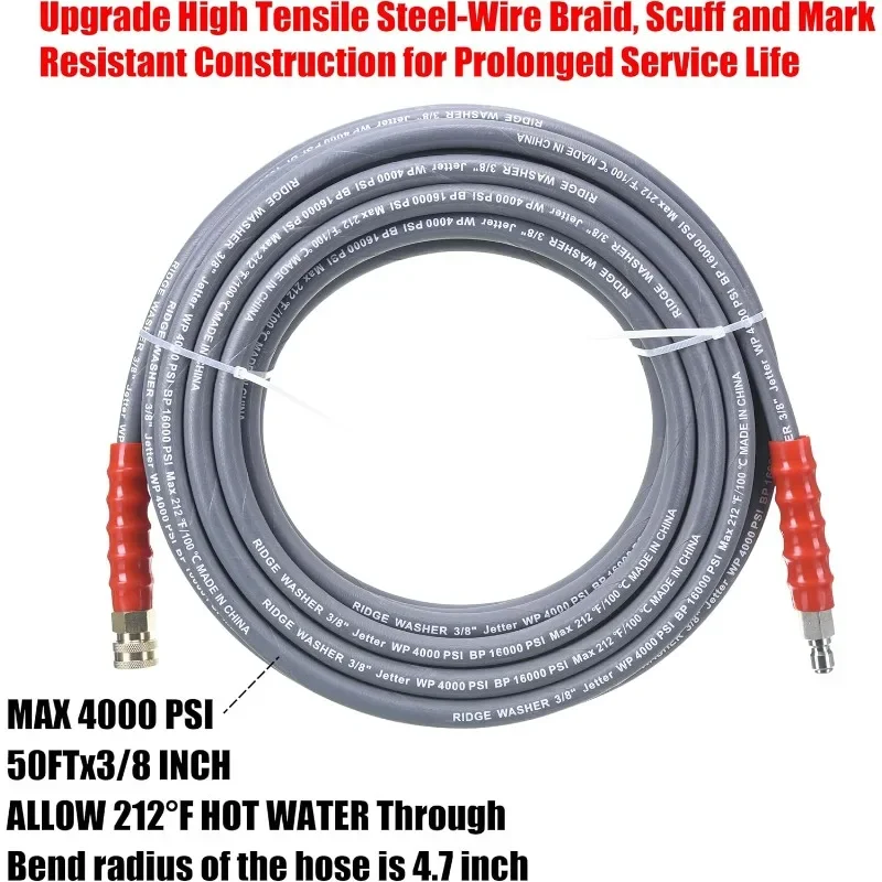 RIDGE WASHER Pressure Washer Hose 50 Feet X 3/8 Inch for Hot and Cold Water, with M22 14 mm to 3/8 Inch Quick Connect, 4000 PSI