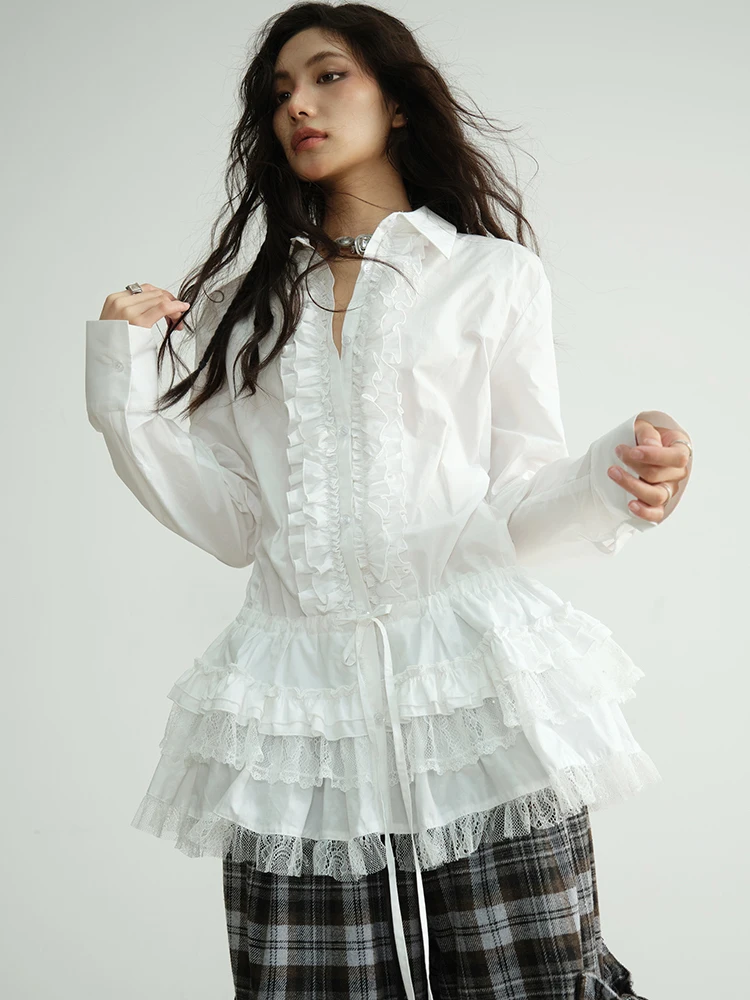 [Vibe] Women White Lace Ruffles Big Size Elegant Blouse New Lapel Long Sleeve Shirt Fashion Tide Spring Autumn 2025