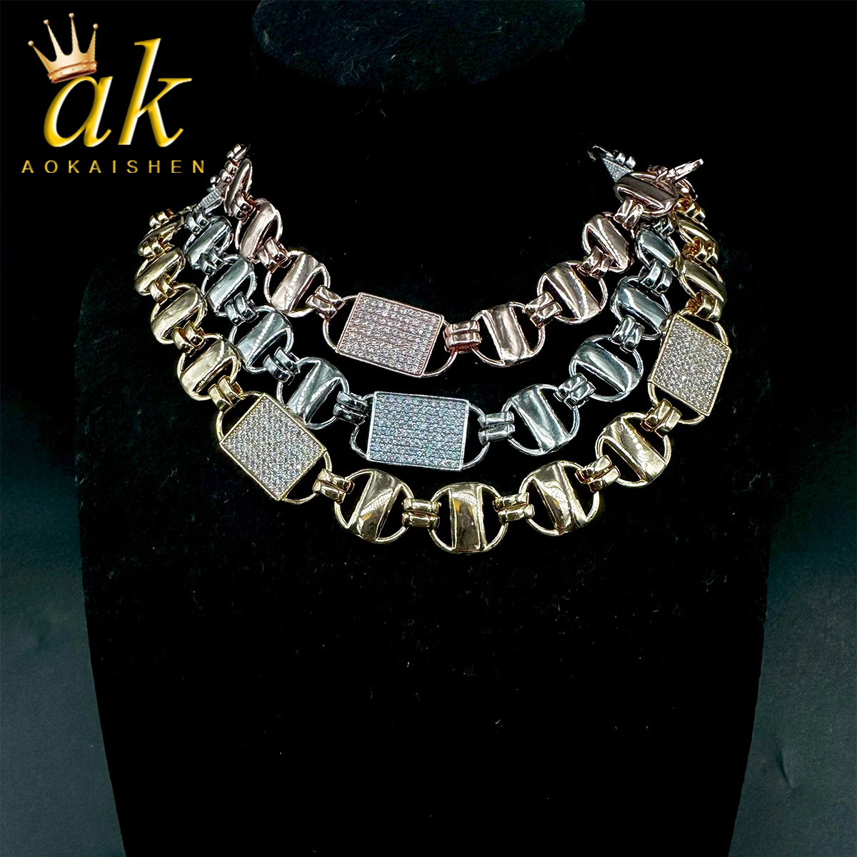 

Aokaishen Coffee Bean Box Clustered Cuban Chain Necklace Men Hip Hop Link Gold Color Iced Out Zirconia Fashion Rock Jewelry