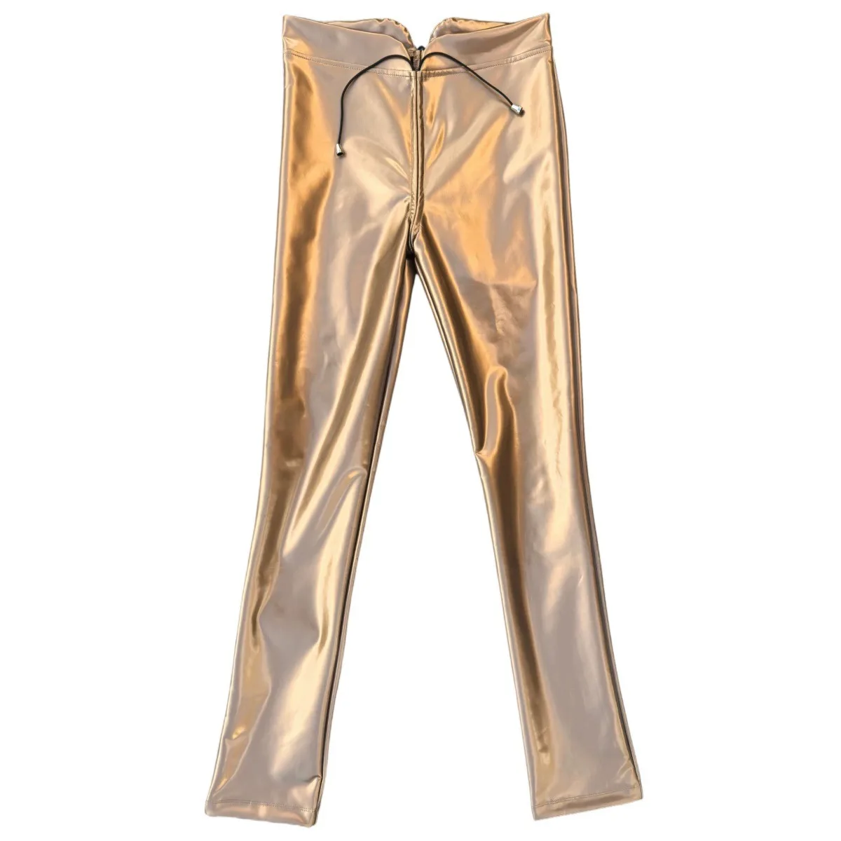 DS Stage Performance Costume Leather Pants Low Waist Front Crotch Tie-wrapped Trousers Ladies Silver Metallic Shiny Leather Legg