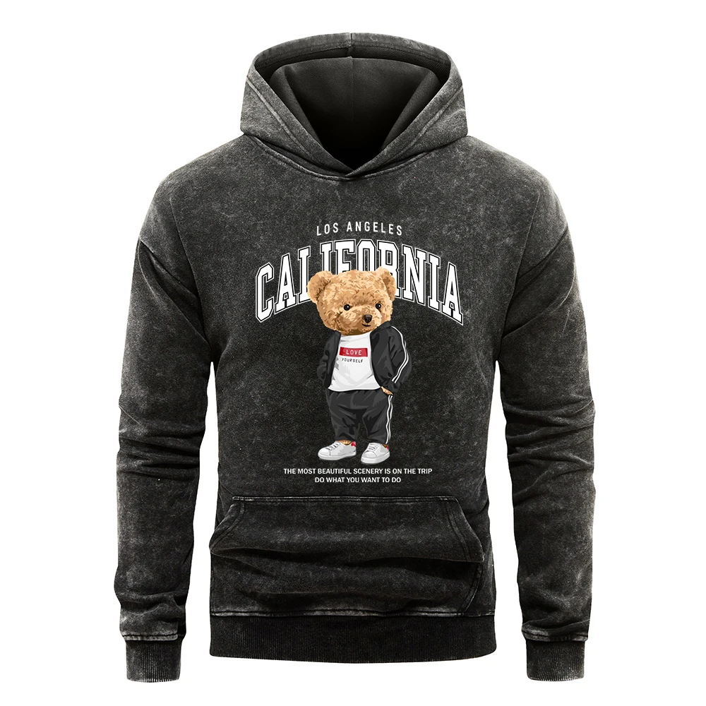 California Los Angeles Letter Bear Printing Washed Man Hoody Cotton Pocket Streetwear Casual Multicolor Clothes Loose Hoodies