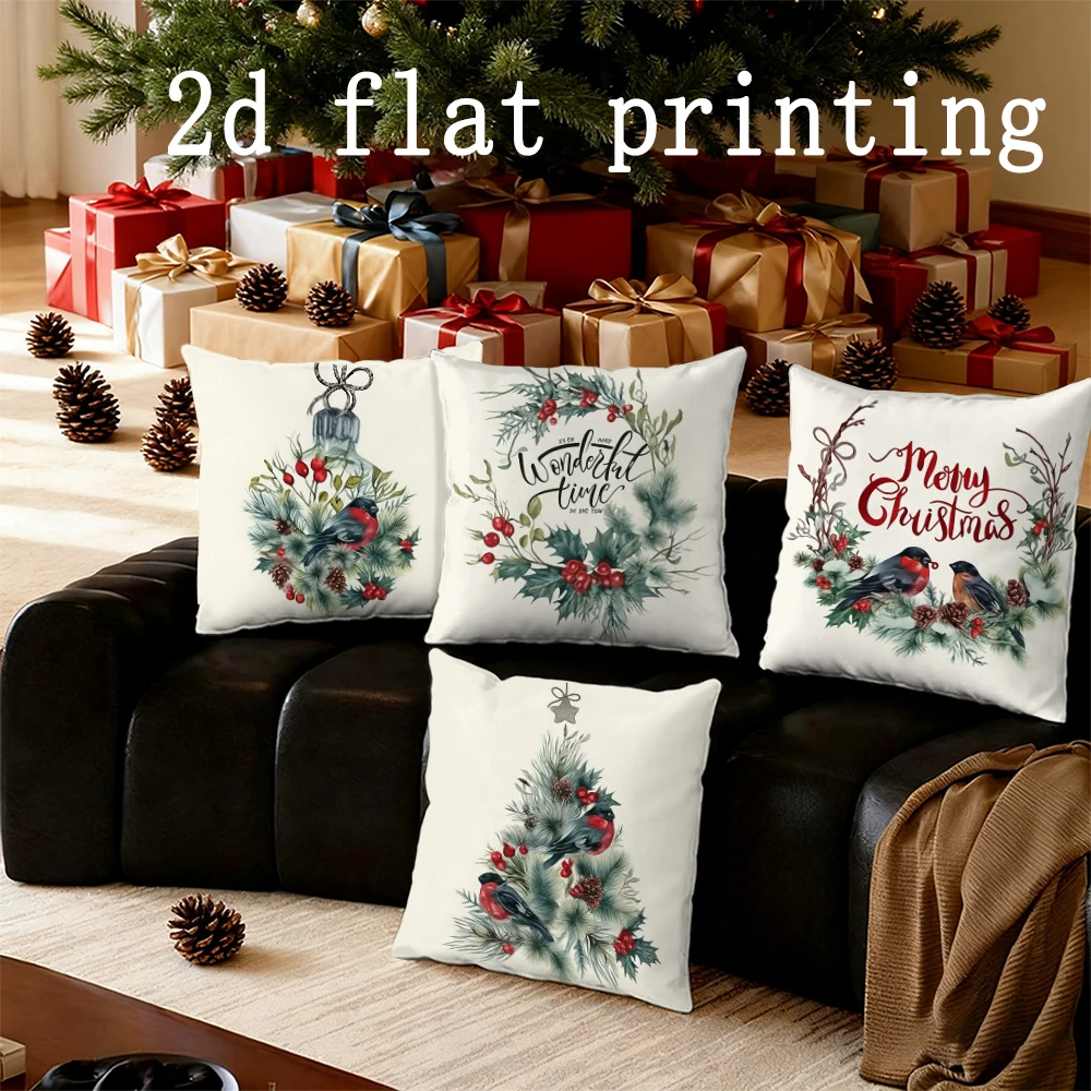 Home Decor Christmas Wreaths & Tree Bird Decorative Pillows Pattern Cushion Cover Suitable for Sofa Bedroom Car Pillow Cover