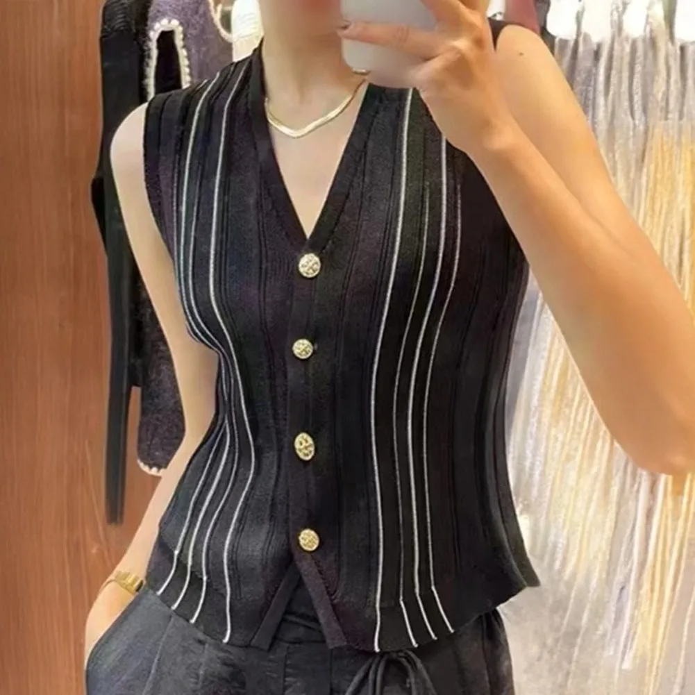 Women Sleeveless V Neck Knit Vest with Button Front Solid Color Tank Top Ideal for Office Commuting and Summer Wear