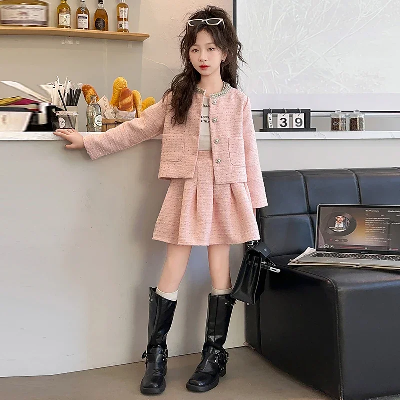 النمط الفرنسي شيك في سن المراهقة الفتيات الملابس مجموعة اليدوية حبة جولة الرقبة سترة مطوي تنورة 2 قطعة الاطفال الصغار دعوى ملابس أطفال 12 14 #3