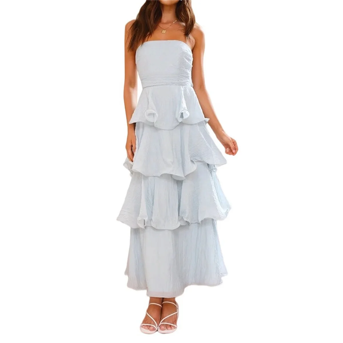 

Women Summer Strapless Maxi Dress Ruffle Tiered Solid Backless Smocked Elegant Flowy Beach Long Dresses Light Blue L