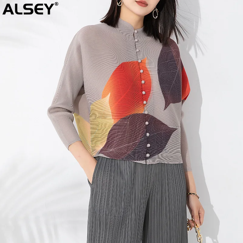 ALSEY Miyake Pleated Short Small Coat Female Shirts and Blouses Loose Plus Size Print Stand Collar Casual Women Long Sleeve Top