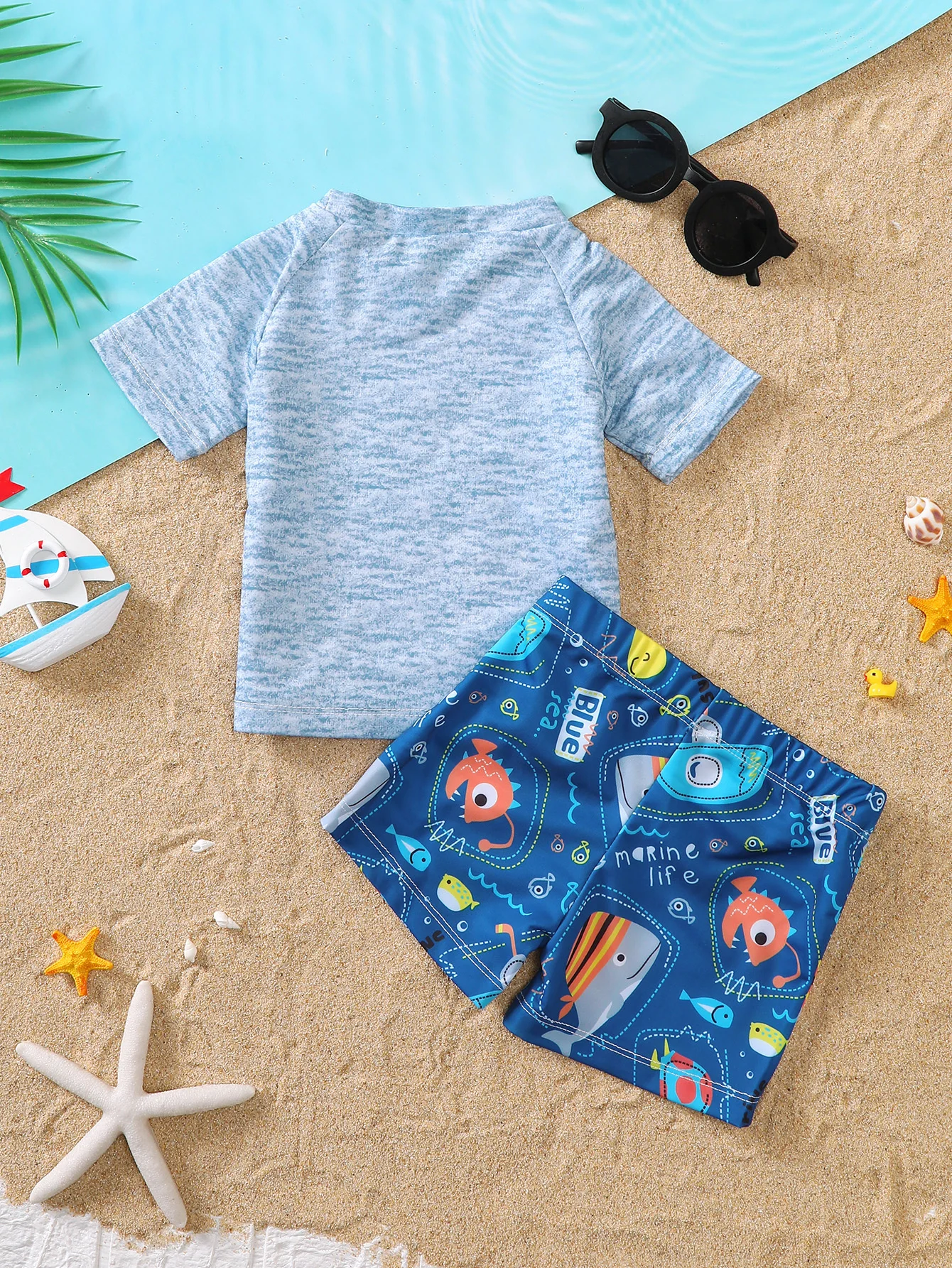 Baby Boy Summer Cartoon Ocean Creature Print Short Sleeve Swimming Suit Set Infant Swimwear with Fun Design