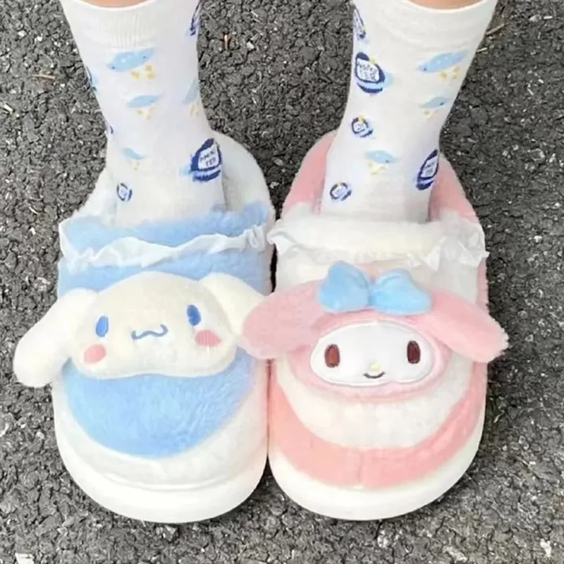 Cute Hello Kitty Cotton Slippers Sanrio Cinnamoroll My Melody Slippers Women Winter Velvet Kuromi Warm Home Girl Slippers Shoes