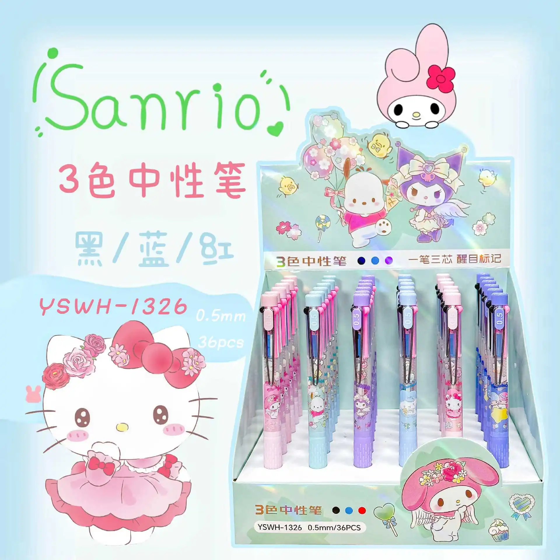 

6/36pcs Anime Sanrio 3 Colors Ballpoint Pen Black Red Blue Colored Markings Multifunctional Student Supplies Stationery Wholesle