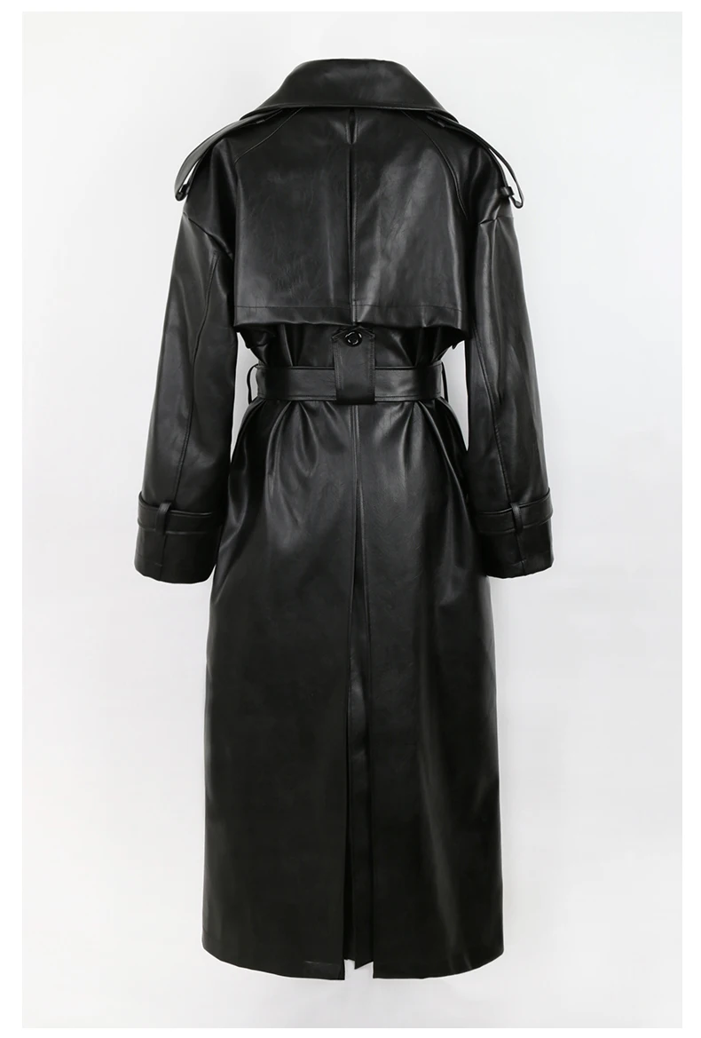 Nerazzurri Spring Autumn Long Oversized Black Pu Leather Trench Coat for Women Belt Double Breasted Loose Casual Korean Fashion