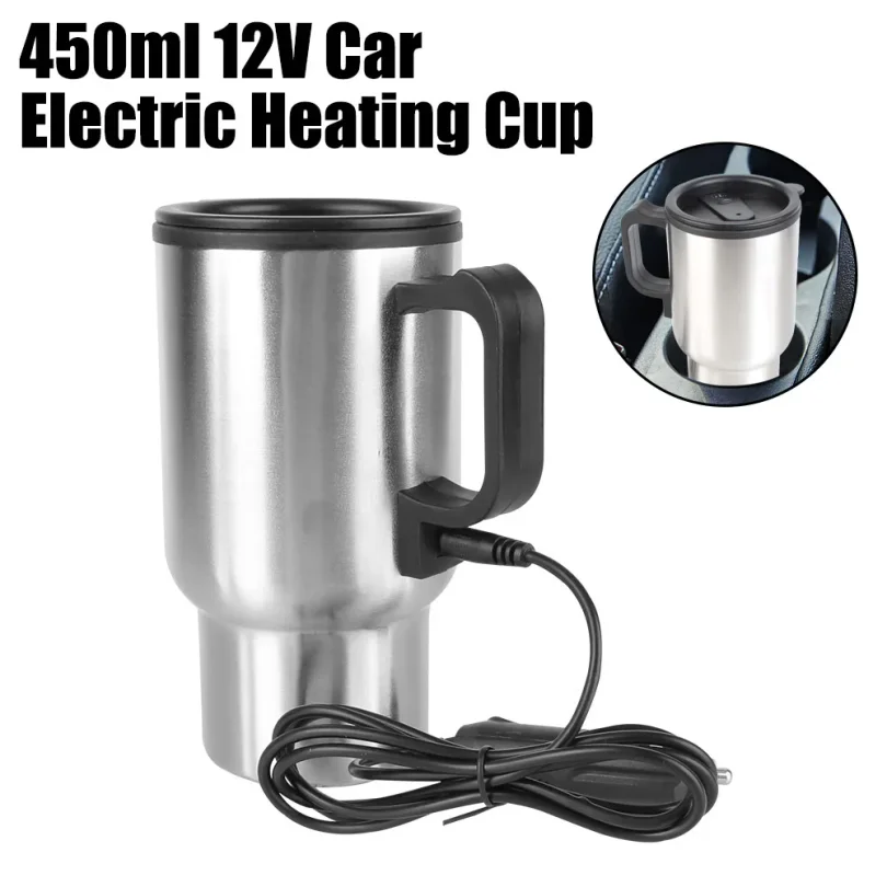 Camping Travel Kettle Electric Heating Car Kettle Vehicle Heating Cup 12V 450ml Stainless Steel Water Coffee Milk Thermal Mug