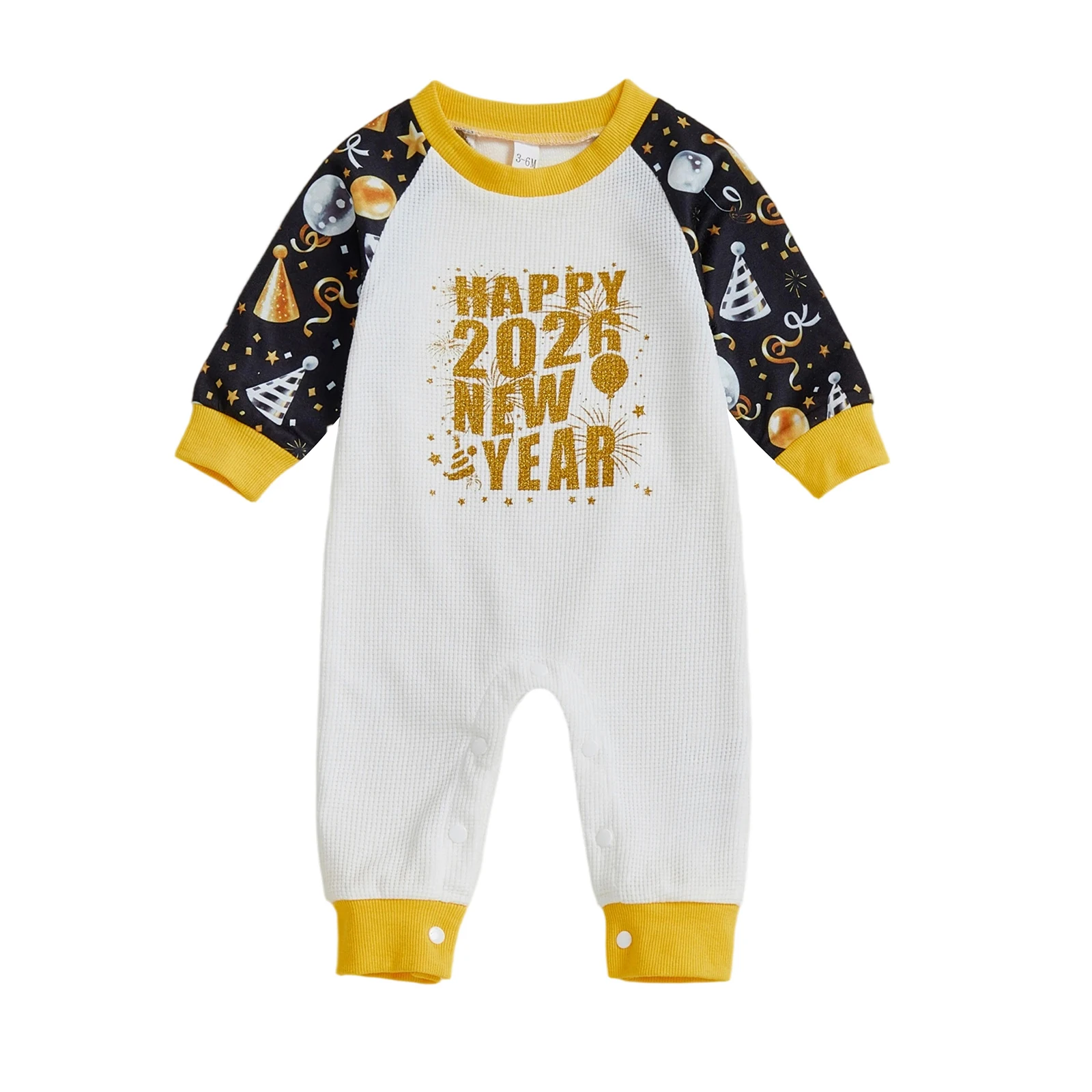 

Baby New Year Romper Letter Print Long Sleeve Round Neck Full Length Bodysuit for Boys Girls