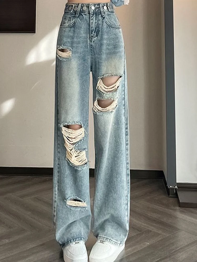 Female American Retro High Street Ripped Pants Woman High Waist Loose Washed Denim Hole Trousers Girls Blue Baggy Wide Leg Jeans